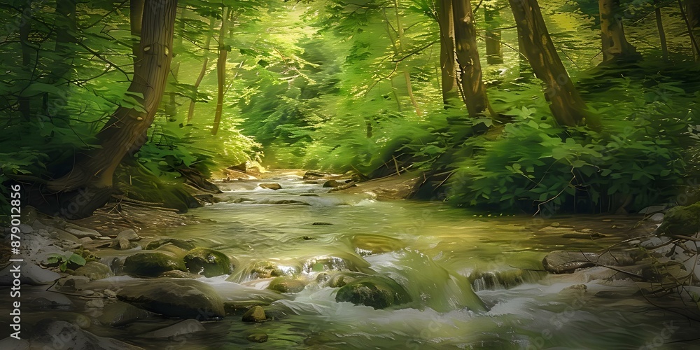Tranquil woodland stream in digital painting style perfect for promoting ecotourism. Concept Nature, Water, Digital Art, Tranquility, Ecotourism Tranquil woodland stream in digital painting style perfect for promoting ecotourism. Concept Nature, Water, Digital Art, Tranquility, Ecotourism