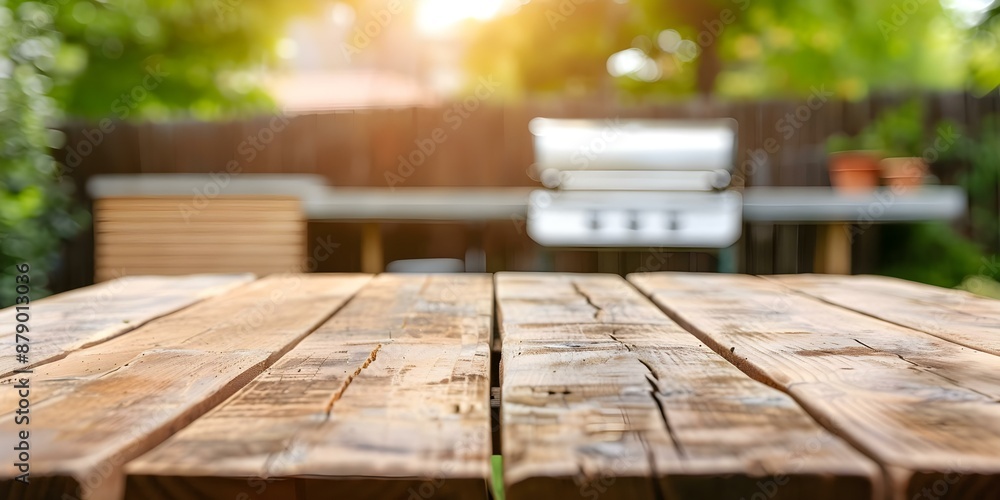 Empty wooden table in backyard with BBQ grill in background. Concept Outdoor Photoshoot, Summer BBQ, Backyard Gathering, Table Setting, Food Photography Empty wooden table in backyard with BBQ grill in background. Concept Outdoor Photoshoot, Summer BBQ, Backyard Gathering, Table Setting, Food Photography