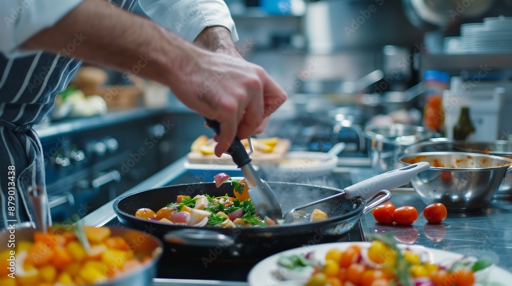 Chef Stirring Vegetables in a Pan with Steam Rising Chef Stirring Vegetables in a Pan with Steam Rising