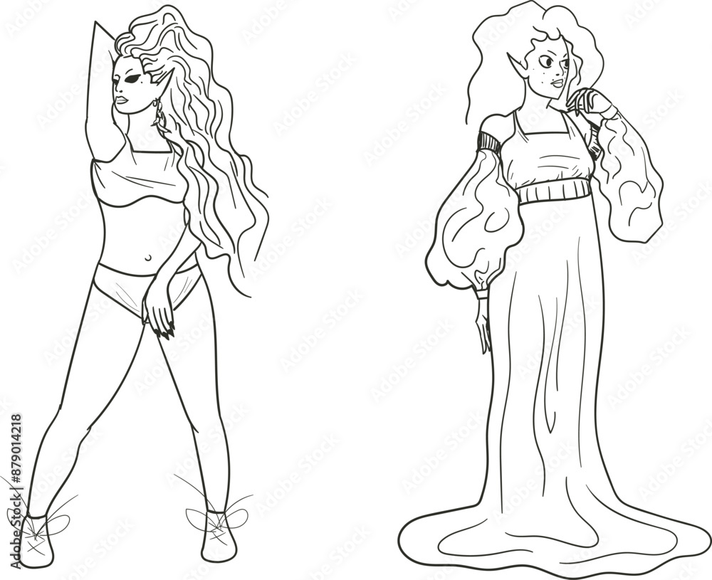 Sketch of two female characters. The ladies belong to a line of elven princesses with thick hair. Sketch of two female characters. The ladies belong to a line of elven princesses with thick hair.