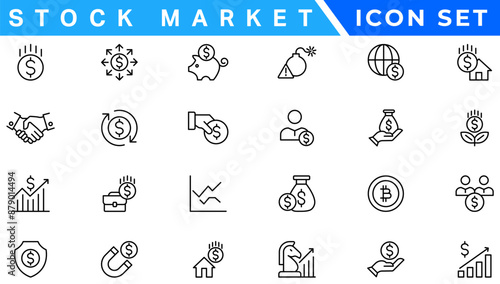 Stock market icons set with fully editable stroke thin line vector illustration with stock marketing, stock exchange, investment, shares, financial goals, bear marketing, trading, securities, money