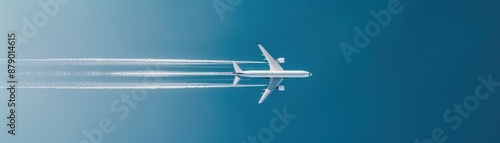High-altitude airplane cruising through clear blue sky, leaving a contrail behind. Ideal for travel, aviation, and transportation themes.
