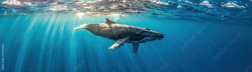 Obraz premium Majestic whale swimming in clear blue ocean, basking in sunlight streaming through the water. Captivating underwater marine life scene.