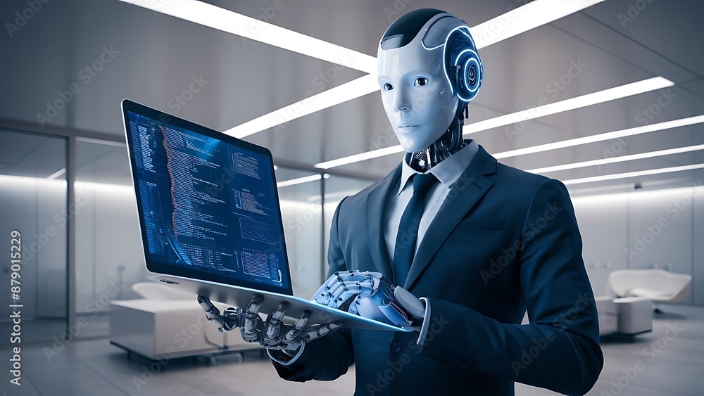 Artificial intelligence robot standing and using laptop.
Artificial intelligence robot standing and using laptop.
