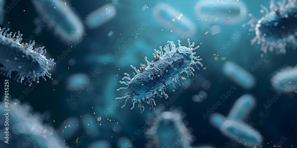 Microscopic bacteria flying in blue background representing medical microbiology and virology. Concept Medical Microbiology, Virology, Bacteria, Blue Background, Microscopic Organisms Microscopic bacteria flying in blue background representing medical microbiology and virology. Concept Medical Microbiology, Virology, Bacteria, Blue Background, Microscopic Organisms