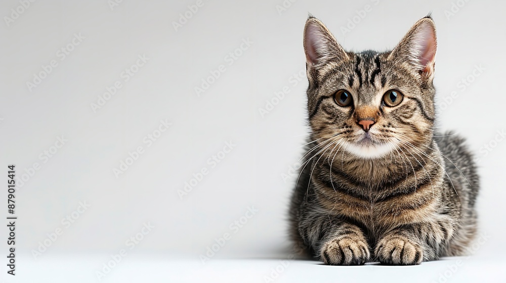 The studio portrait shows a seated, forward-facing tabby cat looking forward against a light background. The studio portrait shows a seated, forward-facing tabby cat looking forward against a light background.