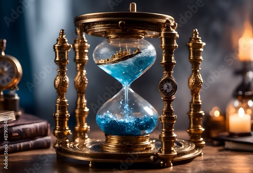 A luxurious, ornate hourglass with golden details and blue sand, featuring a miniature cityscape inside the glass. The background includes candles and old books, creating a vintage atmosphere.