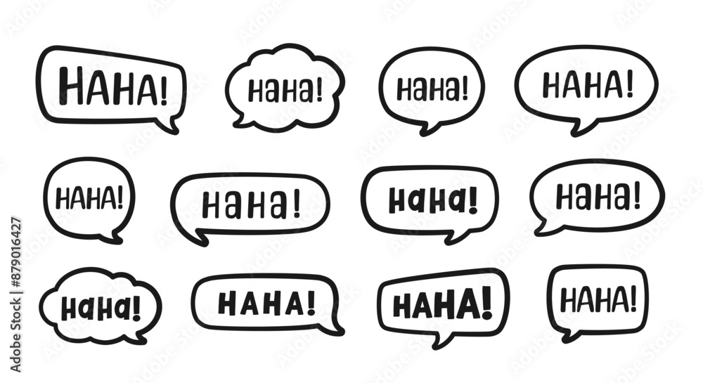 Haha laughing speech bubble sound effect different doodles collection. Cute black text lettering outline line art set vector illustration. Haha laughing speech bubble sound effect different doodles collection. Cute black text lettering outline line art set vector illustration.