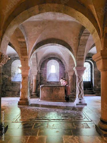 Fascinating catacombs or old church cellar, with light coming in through the church windows, in Lund Cathedral, Lunds domkyrka in Lund, Skane, southern Sweden, Sweden