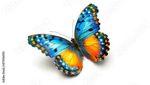 Very beautiful blue yellow orange butterfly in flight isolated on a transparent background. --