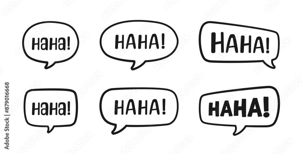 Haha laughing speech bubble sound effect different doodles collection. Cute black text lettering outline line art set vector illustration. Haha laughing speech bubble sound effect different doodles collection. Cute black text lettering outline line art set vector illustration.