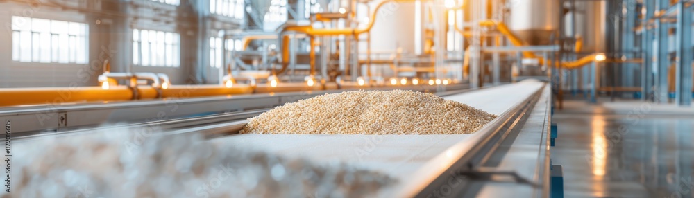 Modern industrial factory with automated conveyor system transporting raw materials for production. High-tech machinery in a clean environment. Modern industrial factory with automated conveyor system transporting raw materials for production. High-tech machinery in a clean environment.