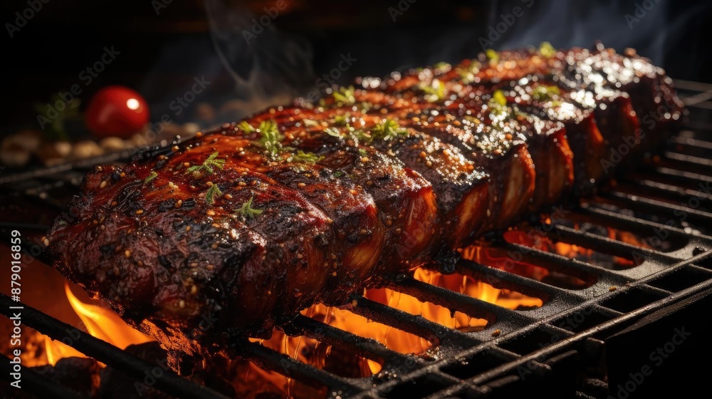 Realistic grilled barbeque with melted barbeque sauce and cut vegetables, black and blur background