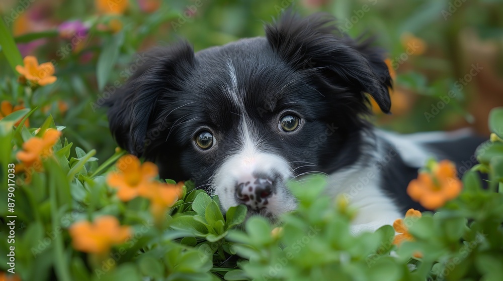 A black and white puppy playing in the garden A black and white puppy playing in the garden