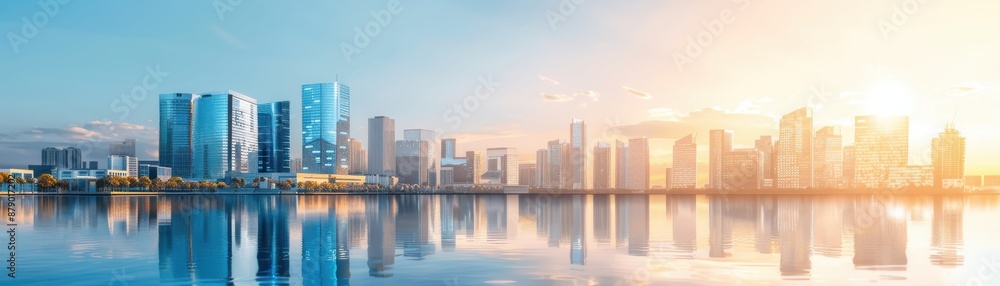 Naklejka premium Panoramic view of a modern city skyline with skyscrapers reflecting in calm water during a stunning sunrise.