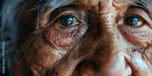 Native American elder with deepset eyes reflecting lifetime struggles against ageism racism. Concept Culture, Heritage, Identity, Struggle, Resilience © Anastasiia