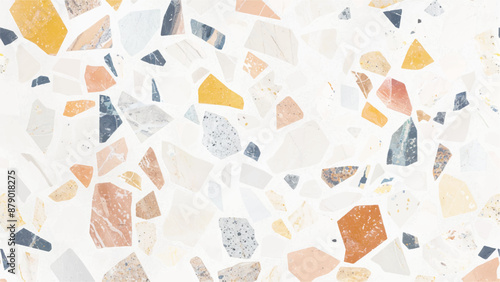 Macrophotography of terrazzo slab texture. Marble granite white panorama background wall. Set of terrazzo style seamless patterns. Premium Vector.