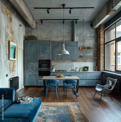 studio apartment one floor, industrial design style, open floor plan, modern and clean, wood flooring, clean plaster wall, grey kitchen, blue accent color, luxury photo