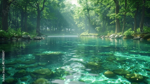Crystal Clear Forest Stream. Pristine forest stream with clear water, surrounded by dense green foliage and bathed in soft sunlight.