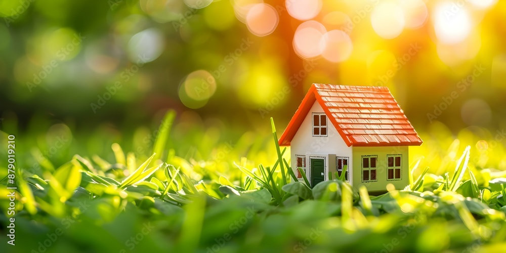 Tiny model home on green grass under sunlight against abstract background. Concept Model Home, Green Grass, Sunlight, Abstract Background, Miniature Architecture Tiny model home on green grass under sunlight against abstract background. Concept Model Home, Green Grass, Sunlight, Abstract Background, Miniature Architecture