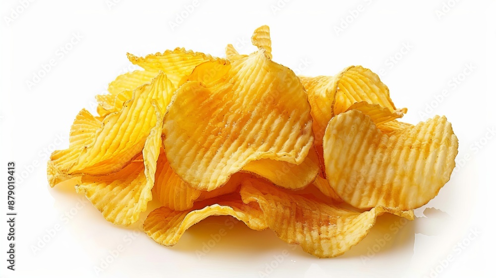 A pile of crispy corrugated potato chips, a popular fast food snack, isolated on a white background. A pile of crispy corrugated potato chips, a popular fast food snack, isolated on a white background.