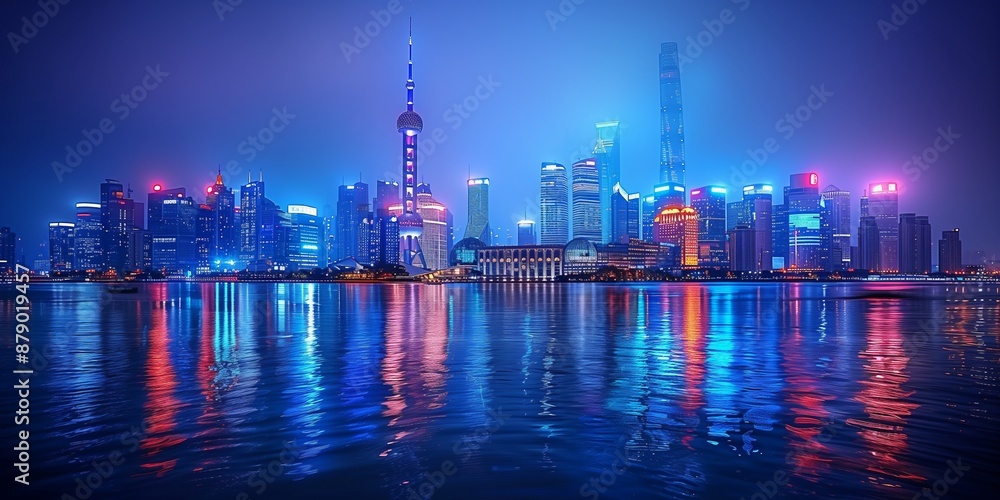 Fototapeta premium Shanghai Skyline at Night. Illuminated Shanghai skyline at night with colorful reflections on the water, showcasing modern skyscrapers and urban lights.
