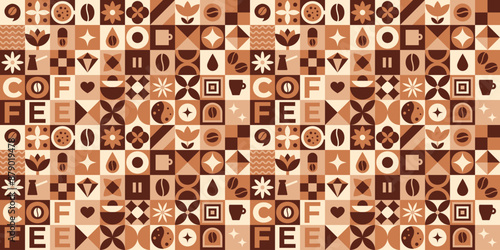 Coffee pattern. Pattern with coffee geometric shapes in brown colors. Bauhaus geometric in tiles seamless pattern. Geometric coffee beans pattern.