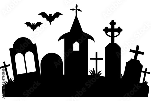 Scar haloween vector seamless landscape silhouette with a graveyard and flying bats in full moon white background