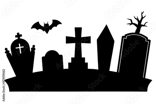 Scar haloween vector seamless landscape silhouette with a graveyard and flying bats in full moon white background