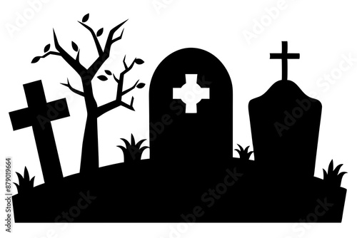 Scar haloween vector seamless landscape silhouette with a graveyard and flying bats in full moon white background