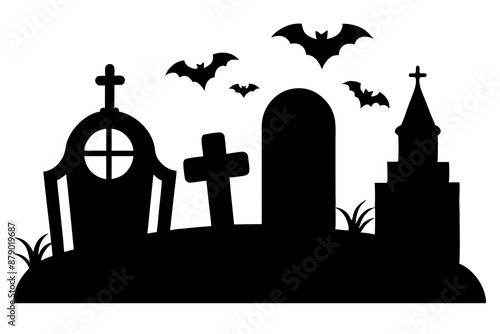 Scar haloween vector seamless landscape silhouette with a graveyard and flying bats in full moon white background