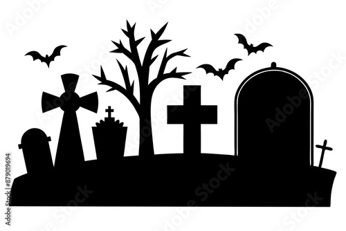Scar haloween vector seamless landscape silhouette with a graveyard and flying bats in full moon white background
