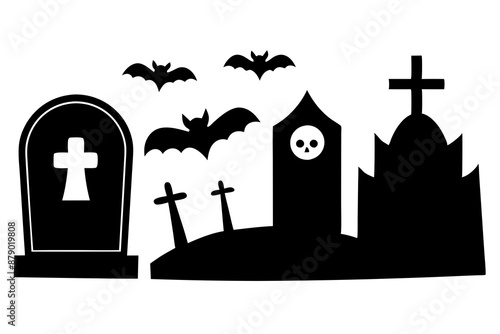 Scar haloween vector seamless landscape silhouette with a graveyard and flying bats in full moon white background