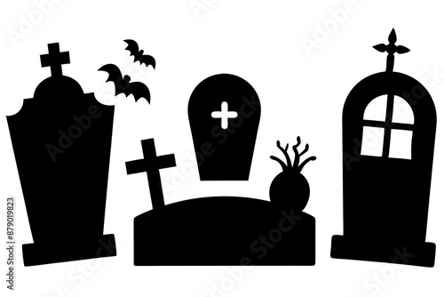 Scar haloween vector seamless landscape silhouette with a graveyard and flying bats in full moon white background