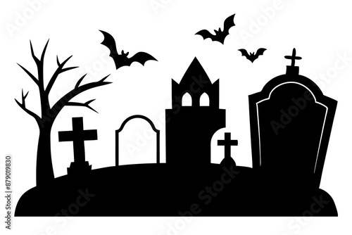 Scar haloween vector seamless landscape silhouette with a graveyard and flying bats in full moon white background