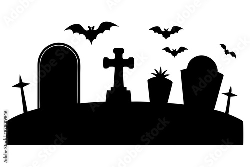 Scar haloween vector seamless landscape silhouette with a graveyard and flying bats in full moon white background