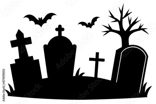 Scar haloween vector seamless landscape silhouette with a graveyard and flying bats in full moon white background