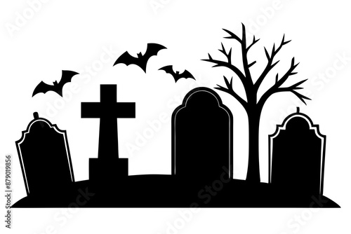Scar haloween vector seamless landscape silhouette with a graveyard and flying bats in full moon white background