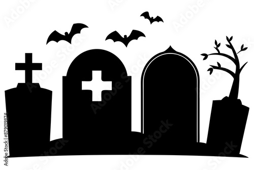 Scar haloween vector seamless landscape silhouette with a graveyard and flying bats in full moon white background