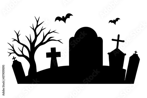 Scar haloween vector seamless landscape silhouette with a graveyard and flying bats in full moon white background