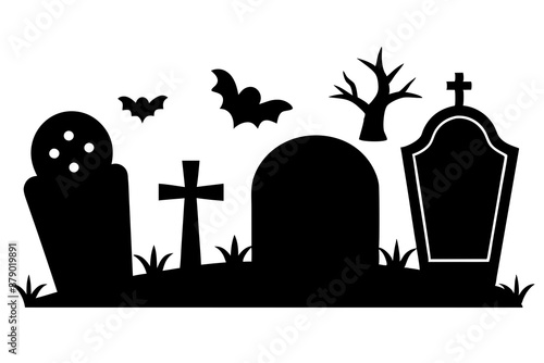 Scar haloween vector seamless landscape silhouette with a graveyard and flying bats in full moon white background