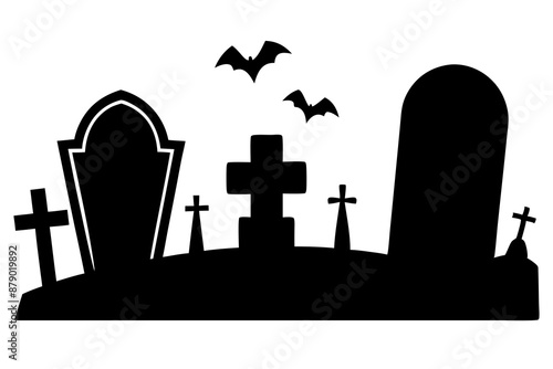 Scar haloween vector seamless landscape silhouette with a graveyard and flying bats in full moon white background