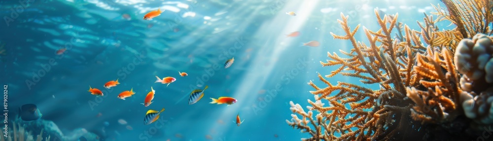 Underwater scene featuring vibrant coral reef with various colorful fish swimming under rays of sunlight in a clear blue ocean. Underwater scene featuring vibrant coral reef with various colorful fish swimming under rays of sunlight in a clear blue ocean.