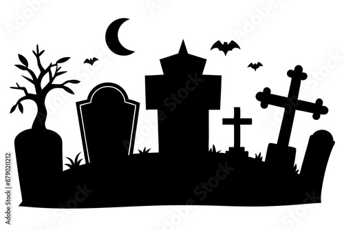 silhouette of a scary cemetery landscape with graves, crooked trees and flying bats - halloween themed seamless panorama