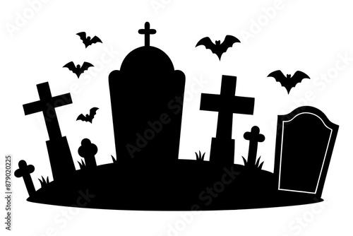 silhouette of a scary cemetery landscape with graves, crooked trees and flying bats - halloween themed seamless panorama