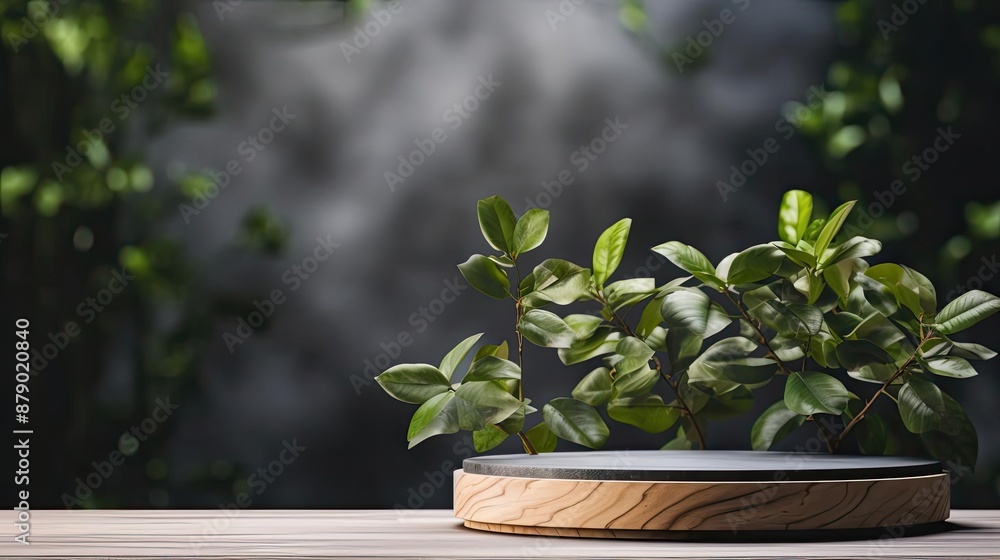 podium for product stand or display with plant background and cinematic light, front view podium for product stand or display with plant background and cinematic light, front view