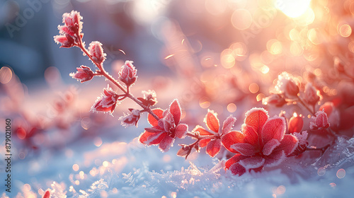 Winter season outdoors landscape, frozen plants in nature on the ground covered with ice and snow, under the morning sun - Seasonal background for Christmas wishes and greeting card
