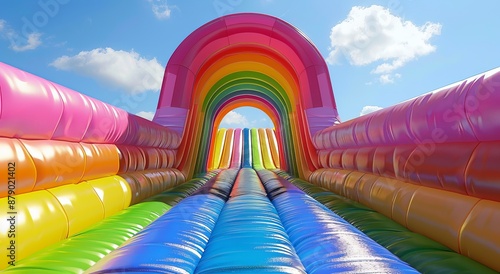 Inflatable rainbow slide, long and wide with multiple colors, on the right side of an archway, facing camera, wide angle shot, daytime, shot from bottom to top perspective, no people in frame