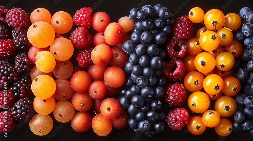 A cluster of berries and oranges arranged beside each other on a black table surface A cluster of berries and oranges arranged beside each other on a black table surface