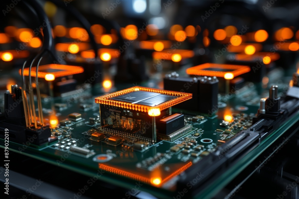 Automated robotics assembly line crafting microcircuits in a modern factory setting Automated robotics assembly line crafting microcircuits in a modern factory setting